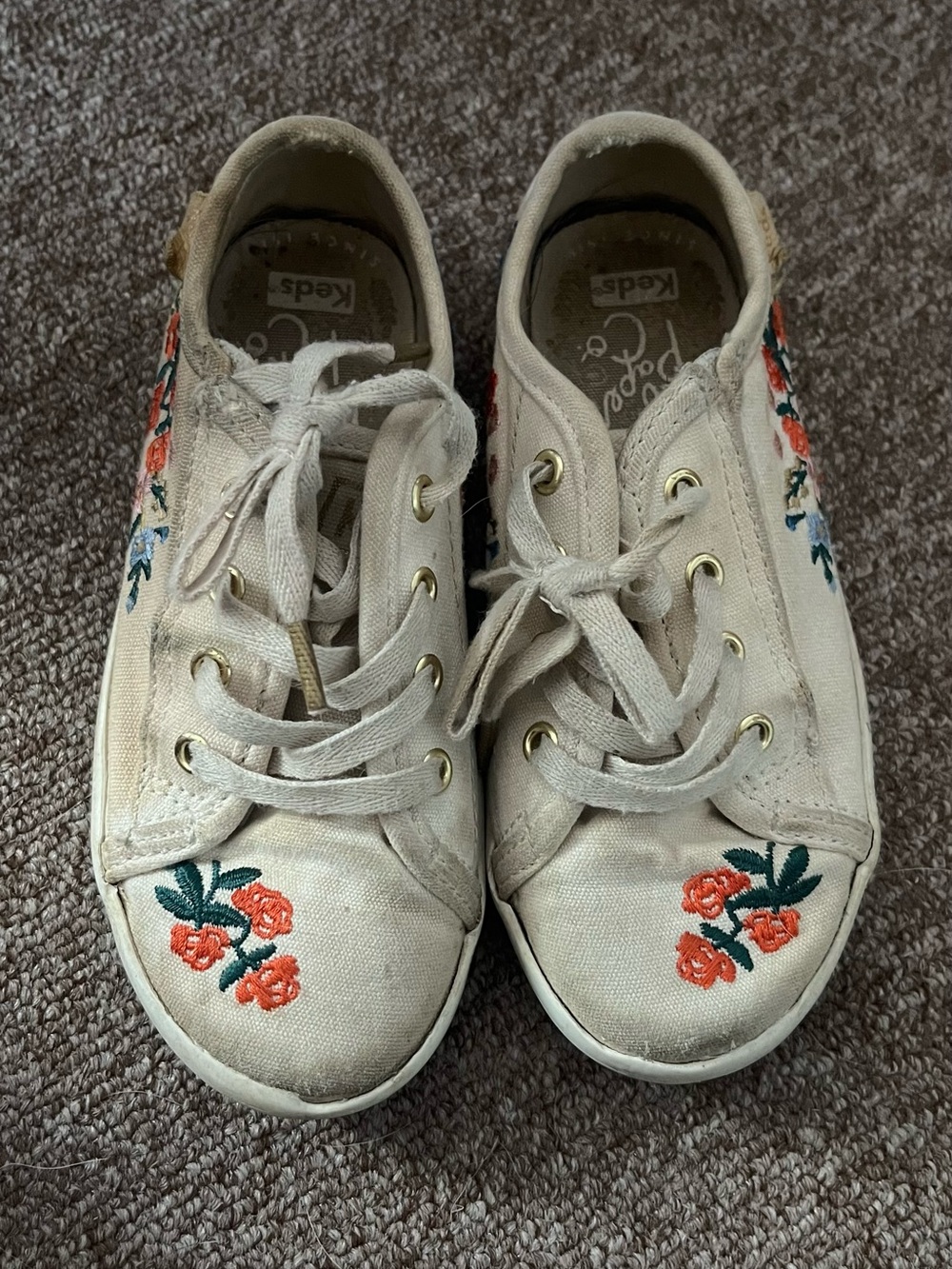 Keds Kids Cream Canvas Sneakers with Orange and Green Floral Embroidery